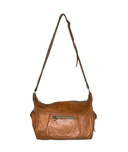 VTG 70S TAN BROWN LEATHER BOHO HIPPY PAISLEY PSYCHEDELIC CROSS BODY BAG