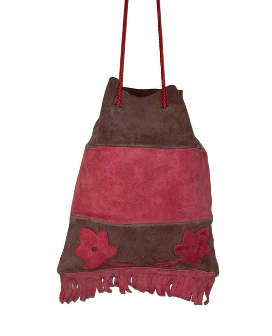 VTG 60S 70S BROWN RED FLORAL FRINGE BOHO HIPPY SUEDE DRAWSTRING HAND BAG
