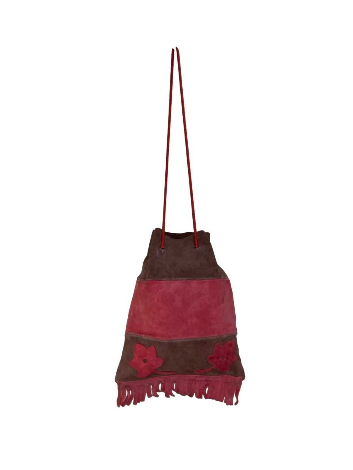 VTG 60S 70S BROWN RED FLORAL FRINGE BOHO HIPPY SUEDE DRAWSTRING HAND BAG