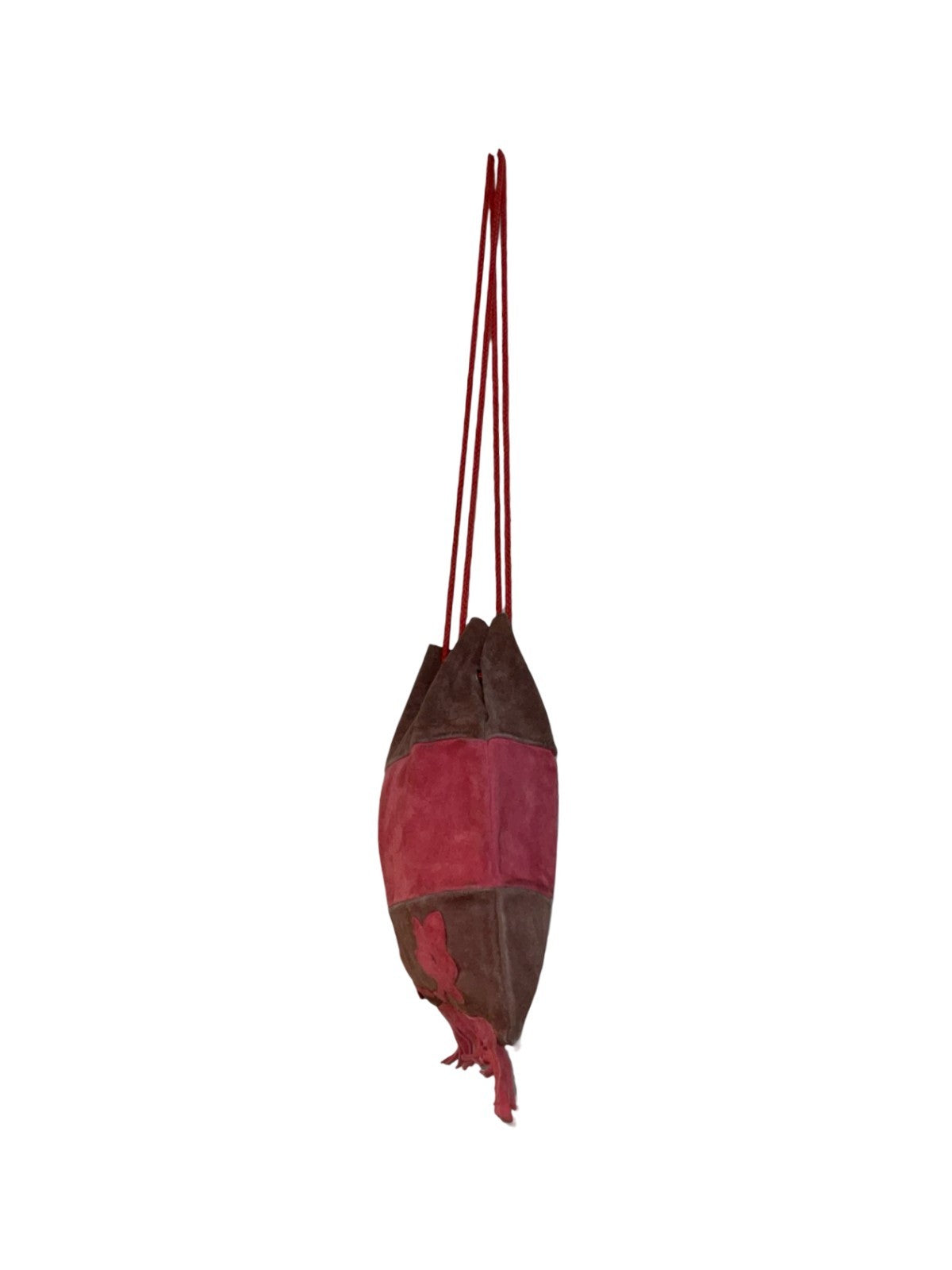 VTG 60S 70S BROWN RED FLORAL FRINGE BOHO HIPPY SUEDE DRAWSTRING HAND BAG