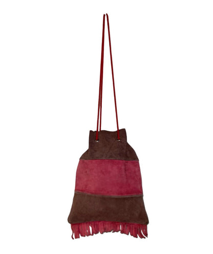 VTG 60S 70S BROWN RED FLORAL FRINGE BOHO HIPPY SUEDE DRAWSTRING HAND BAG