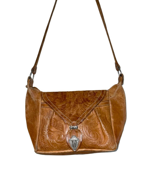 VTG 70S BOHO WESTERN TAN LEATHER PAISLEY FLORAL STAMPED CROSS BODY BAG