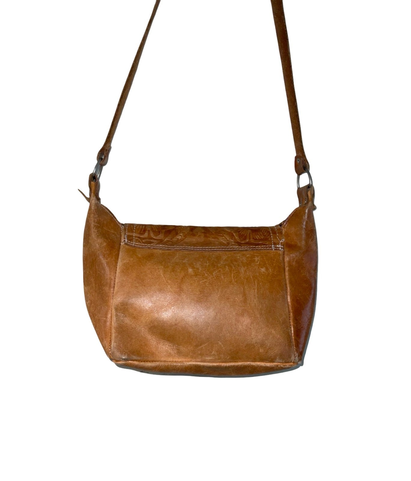 VTG 70S BOHO WESTERN TAN LEATHER PAISLEY FLORAL STAMPED CROSS BODY BAG