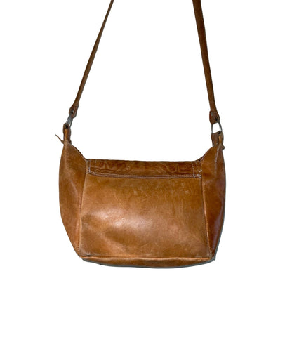VTG 70S BOHO WESTERN TAN LEATHER PAISLEY FLORAL STAMPED CROSS BODY BAG