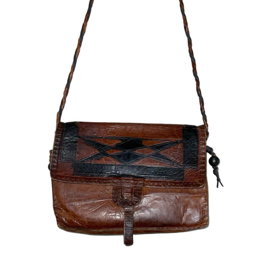 VTG 70S BROWN BLACK GEOMETRIC TRIANGLE BOHO HIPPY LEATHER CROSS BODY BAG