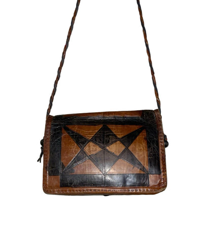 VTG 70S BROWN BLACK GEOMETRIC TRIANGLE BOHO HIPPY LEATHER CROSS BODY BAG