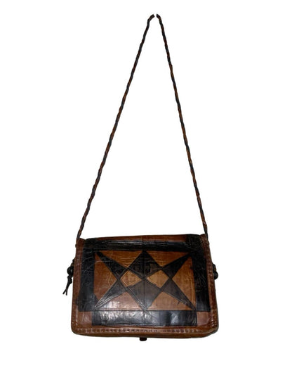 VTG 70S BROWN BLACK GEOMETRIC TRIANGLE BOHO HIPPY LEATHER CROSS BODY BAG