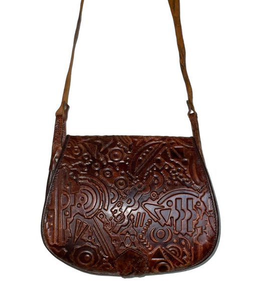 VTG 60S 70S MOD BOHO BROWN LEATHER GEOMETRIC EMBOSSED CROSS BODY BAG