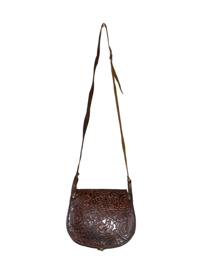 VTG 60S 70S MOD BOHO BROWN LEATHER GEOMETRIC EMBOSSED CROSS BODY BAG