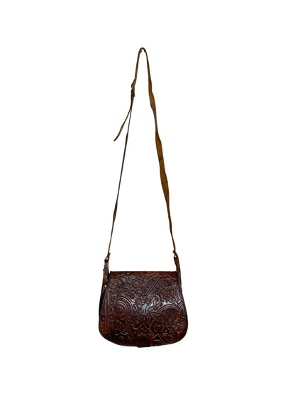 VTG 60S 70S MOD BOHO BROWN LEATHER GEOMETRIC EMBOSSED CROSS BODY BAG