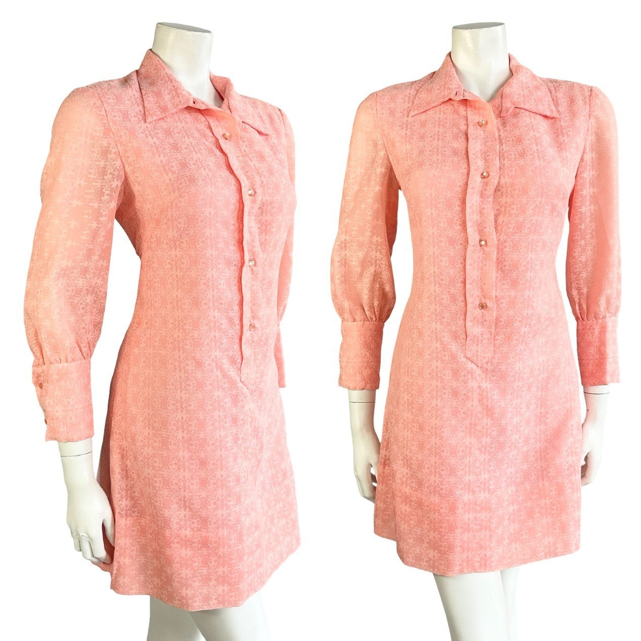 VTG 60S MOD GOGO CORAL PINK BAROQUE 3/4 SLEEVE ROMANTIC SHIRT DRESS 10