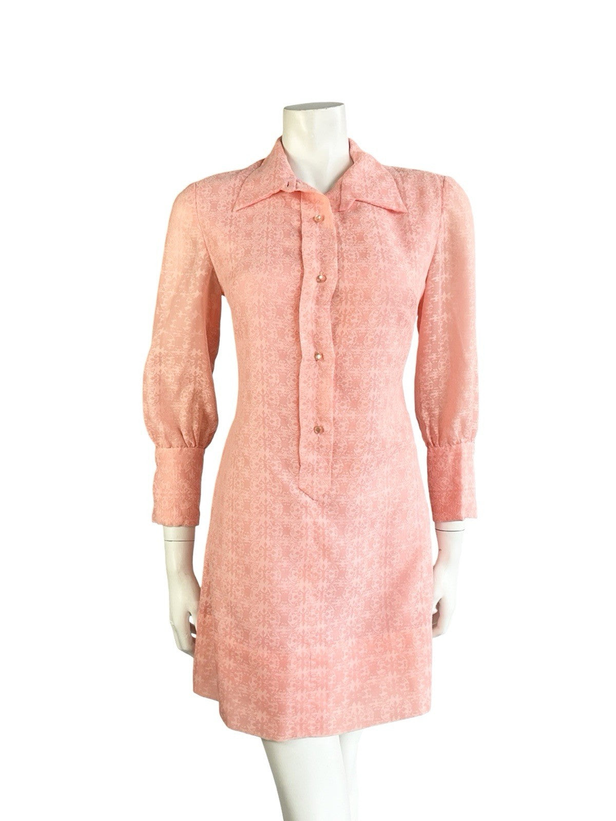 VTG 60S MOD GOGO CORAL PINK BAROQUE 3/4 SLEEVE ROMANTIC SHIRT DRESS 10