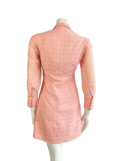 VTG 60S MOD GOGO CORAL PINK BAROQUE 3/4 SLEEVE ROMANTIC SHIRT DRESS 10
