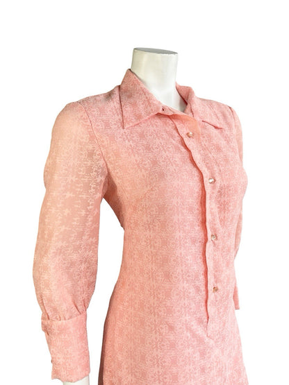VTG 60S MOD GOGO CORAL PINK BAROQUE 3/4 SLEEVE ROMANTIC SHIRT DRESS 10