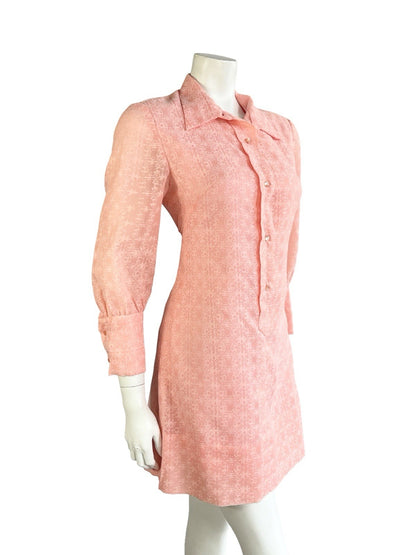 VTG 60S MOD GOGO CORAL PINK BAROQUE 3/4 SLEEVE ROMANTIC SHIRT DRESS 10