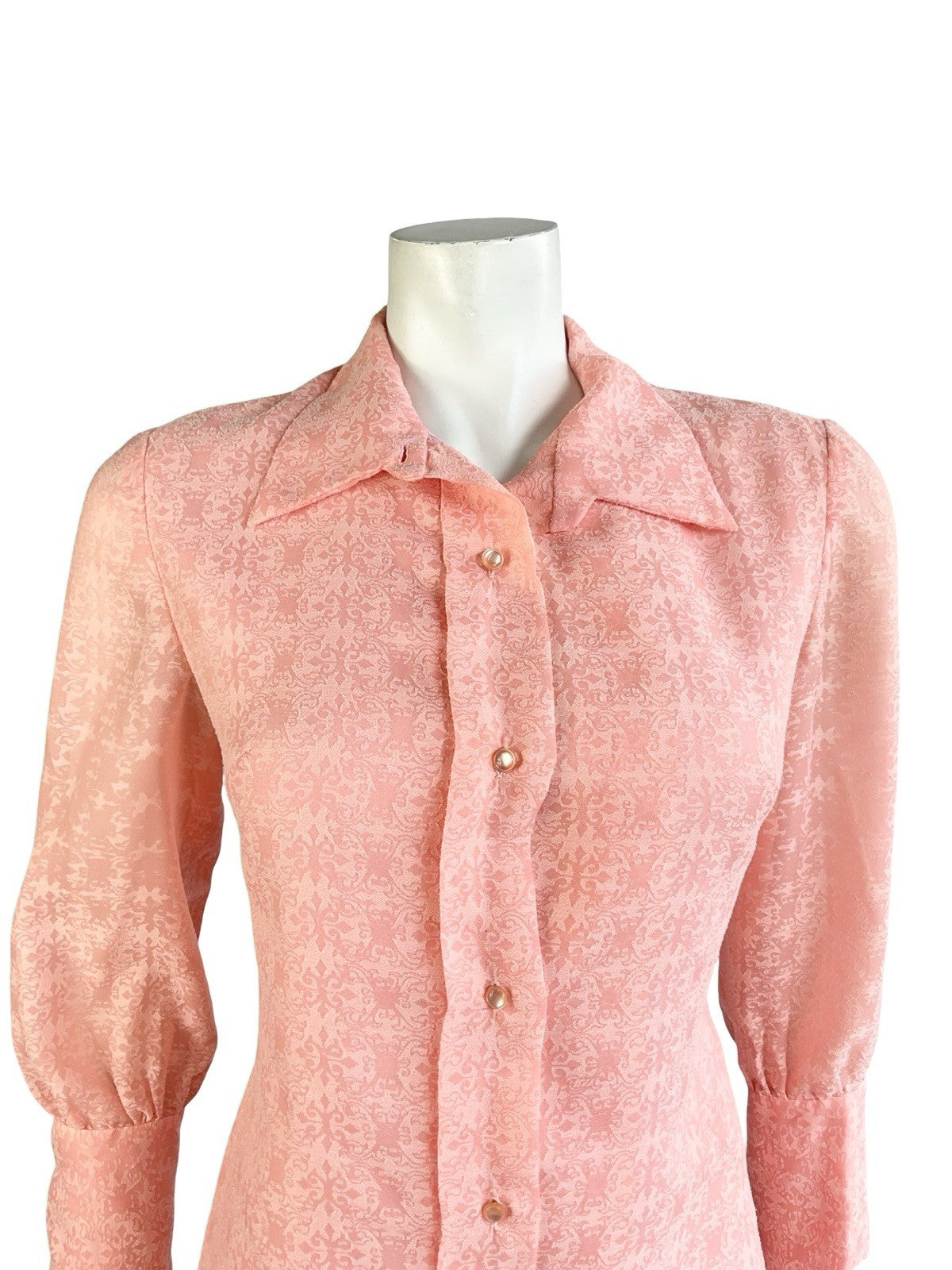VTG 60S MOD GOGO CORAL PINK BAROQUE 3/4 SLEEVE ROMANTIC SHIRT DRESS 10