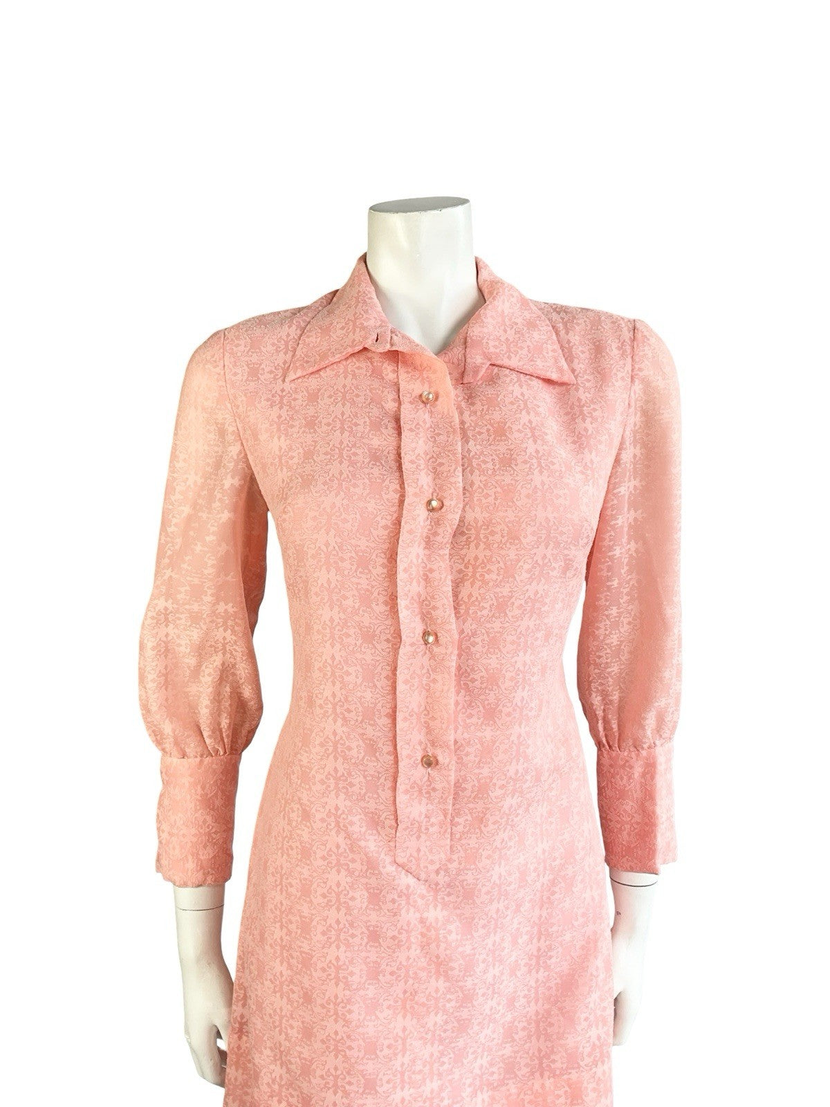 VTG 60S MOD GOGO CORAL PINK BAROQUE 3/4 SLEEVE ROMANTIC SHIRT DRESS 10