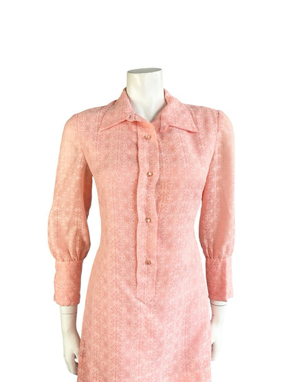 VTG 60S MOD GOGO CORAL PINK BAROQUE 3/4 SLEEVE ROMANTIC SHIRT DRESS 10
