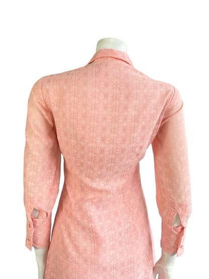 VTG 60S MOD GOGO CORAL PINK BAROQUE 3/4 SLEEVE ROMANTIC SHIRT DRESS 10