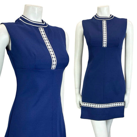 VTG 60S MOD SCOOTER GOGO GEOMETRIC NAVY BLUE WHITE DOT EMPIRE MINI DRESS 6