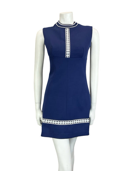 VTG 60S MOD SCOOTER GOGO GEOMETRIC NAVY BLUE WHITE DOT EMPIRE MINI DRESS 6