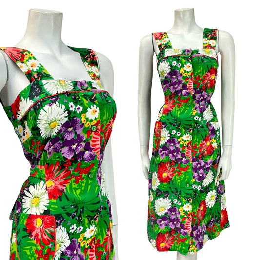 VTG 60S 70S GREEN PURPLE RED WHITE GARDEN FLORAL PINAFORE TIE WAIST DRESS 8