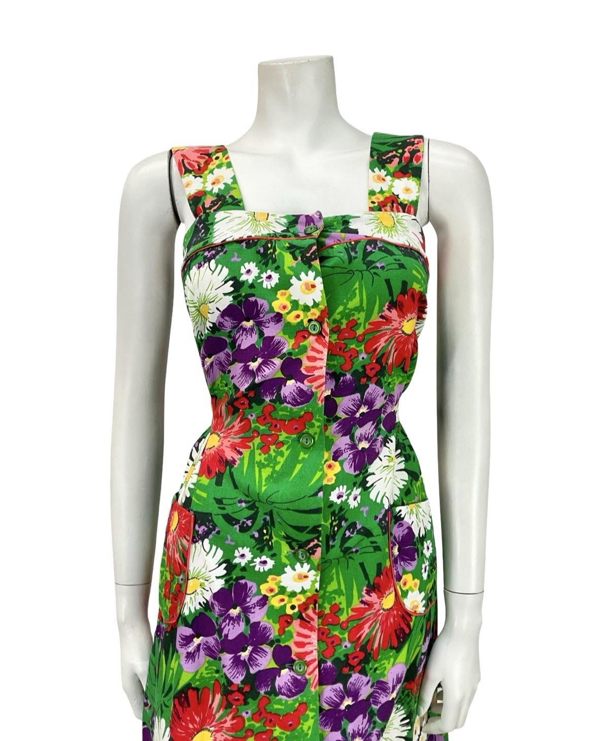 VTG 60S 70S GREEN PURPLE RED WHITE GARDEN FLORAL PINAFORE TIE WAIST DRESS 8