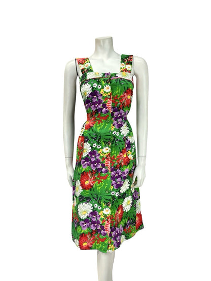 VTG 60S 70S GREEN PURPLE RED WHITE GARDEN FLORAL PINAFORE TIE WAIST DRESS 8