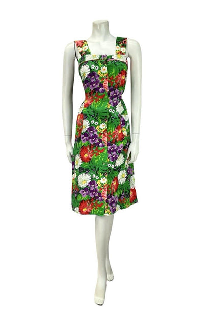 VTG 60S 70S GREEN PURPLE RED WHITE GARDEN FLORAL PINAFORE TIE WAIST DRESS 8