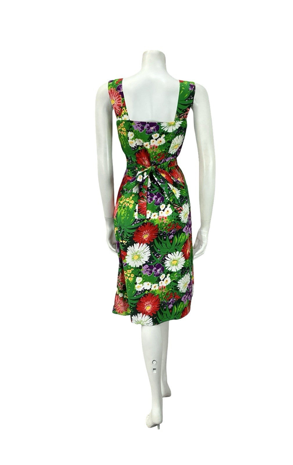VTG 60S 70S GREEN PURPLE RED WHITE GARDEN FLORAL PINAFORE TIE WAIST DRESS 8