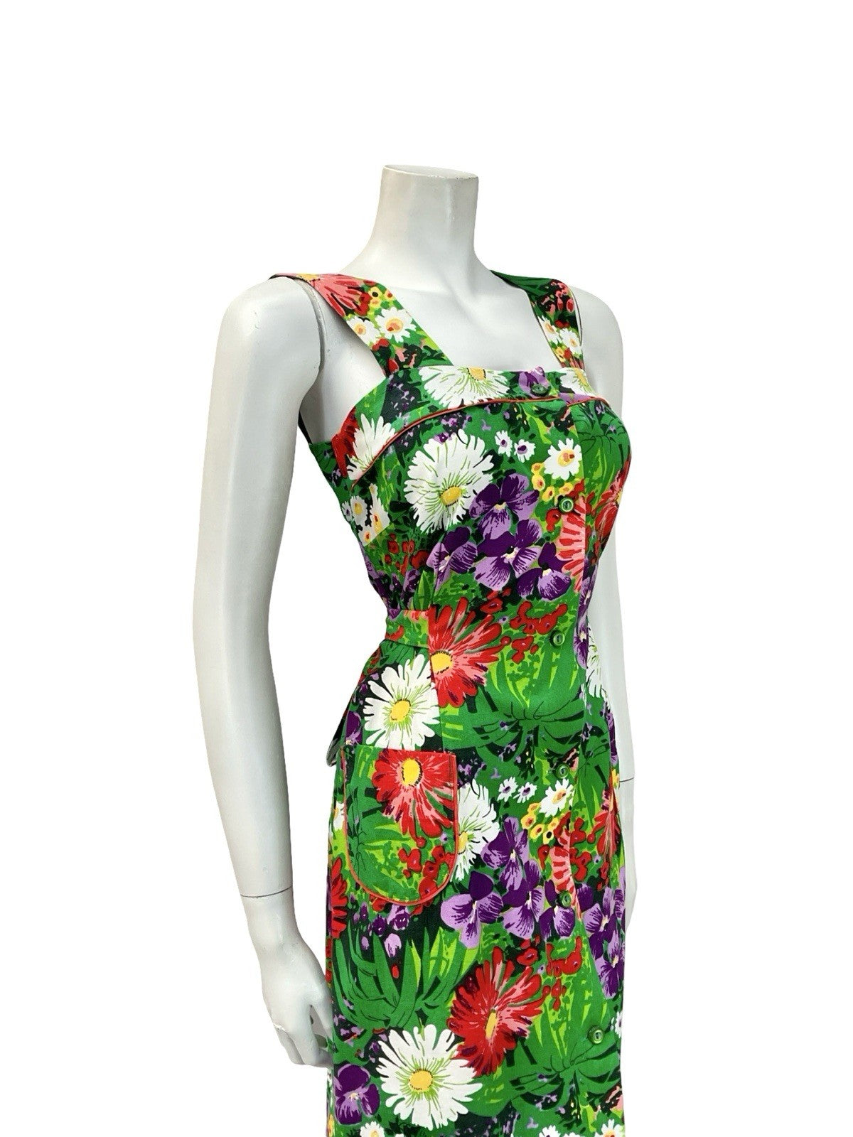 VTG 60S 70S GREEN PURPLE RED WHITE GARDEN FLORAL PINAFORE TIE WAIST DRESS 8