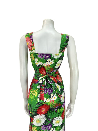 VTG 60S 70S GREEN PURPLE RED WHITE GARDEN FLORAL PINAFORE TIE WAIST DRESS 8