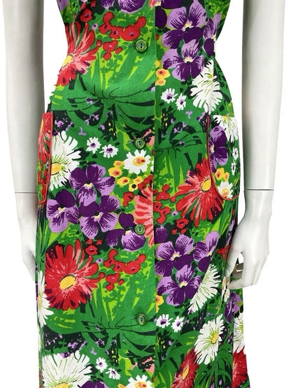 VTG 60S 70S GREEN PURPLE RED WHITE GARDEN FLORAL PINAFORE TIE WAIST DRESS 8