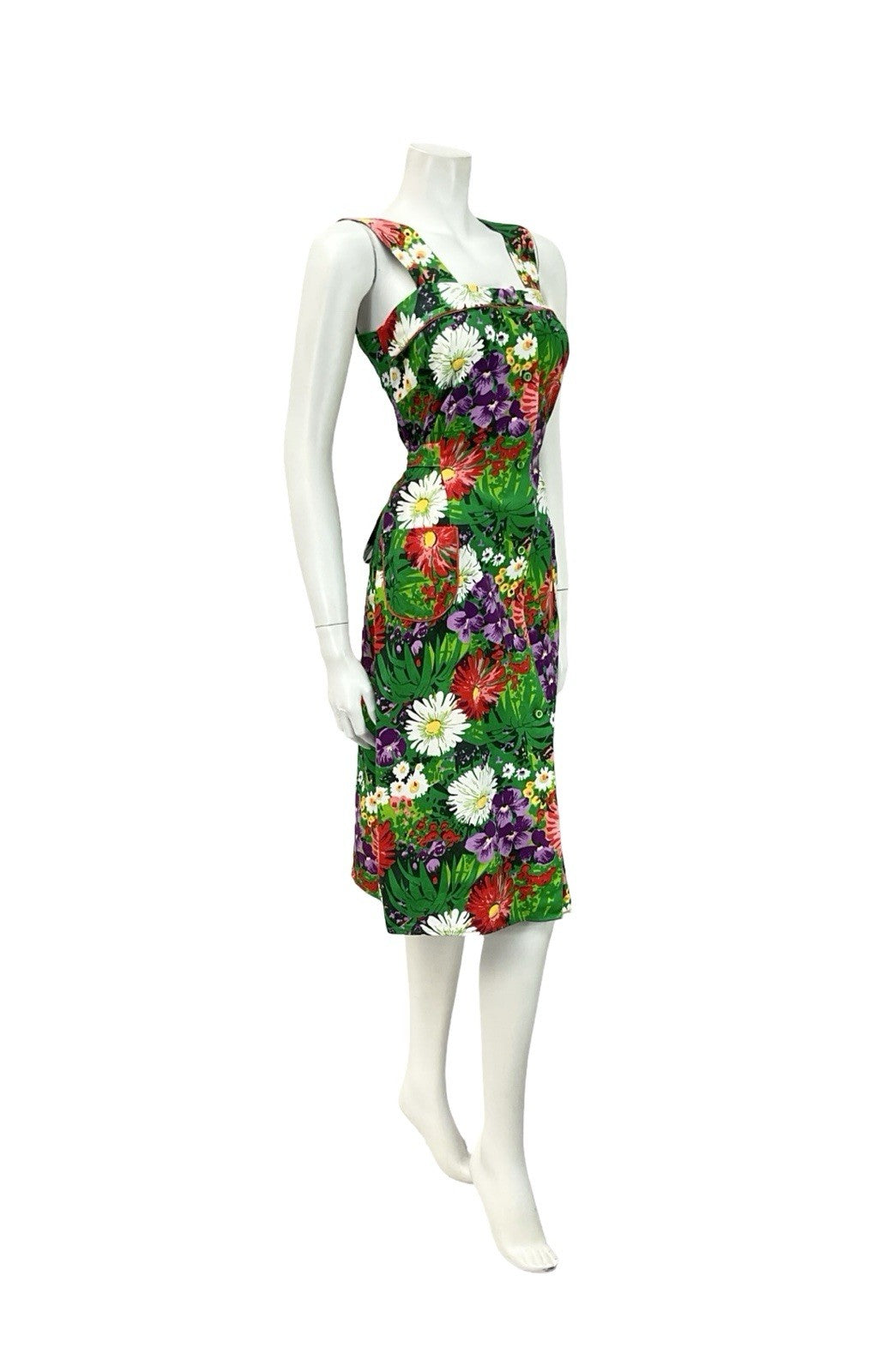 VTG 60S 70S GREEN PURPLE RED WHITE GARDEN FLORAL PINAFORE TIE WAIST DRESS 8