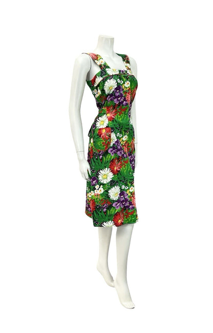 VTG 60S 70S GREEN PURPLE RED WHITE GARDEN FLORAL PINAFORE TIE WAIST DRESS 8