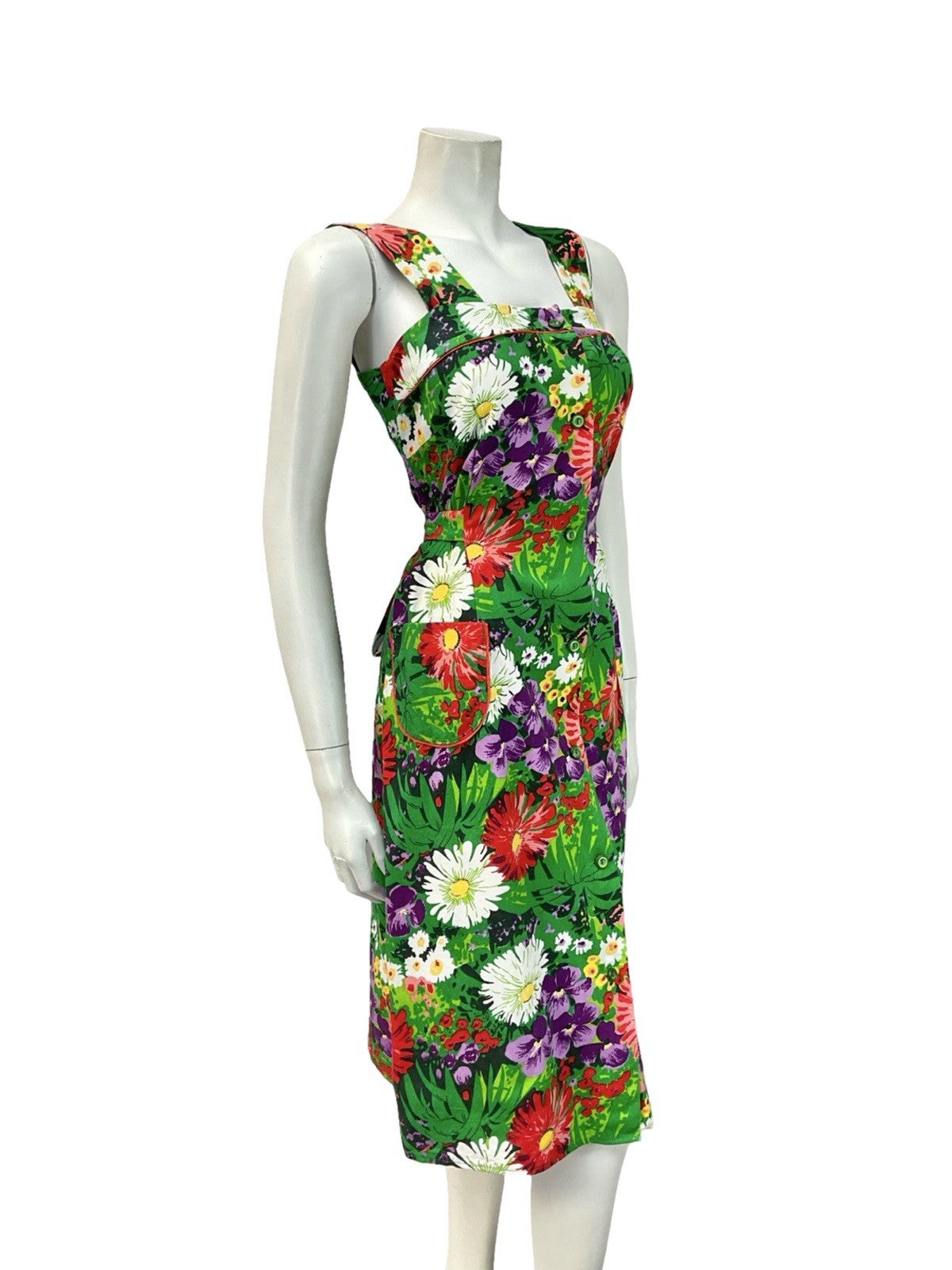 VTG 60S 70S GREEN PURPLE RED WHITE GARDEN FLORAL PINAFORE TIE WAIST DRESS 8