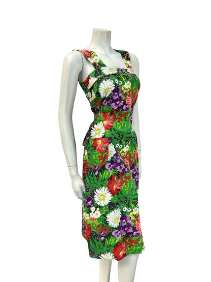 VTG 60S 70S GREEN PURPLE RED WHITE GARDEN FLORAL PINAFORE TIE WAIST DRESS 8