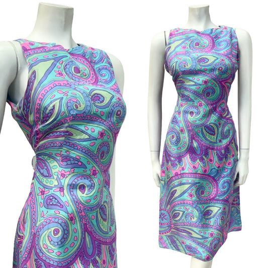 VTG 60S PURPLE BLUE PINK GREEN PSYCHEDELIC SWIRL PAISLEY MOD KEYHOLE DRESS 10