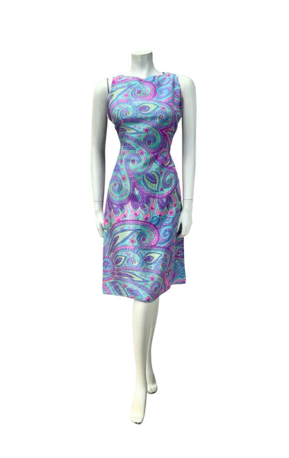 VTG 60S PURPLE BLUE PINK GREEN PSYCHEDELIC SWIRL PAISLEY MOD KEYHOLE DRESS 10