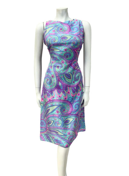 VTG 60S PURPLE BLUE PINK GREEN PSYCHEDELIC SWIRL PAISLEY MOD KEYHOLE DRESS 10