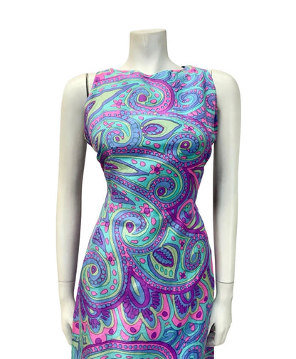 VTG 60S PURPLE BLUE PINK GREEN PSYCHEDELIC SWIRL PAISLEY MOD KEYHOLE DRESS 10