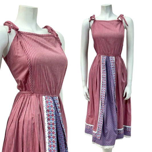 VTG 70S PLUM PURPLE BLUE STRIPED COTTON COTTAGE EDWARDIAN FLORAL SUN DRESS 12