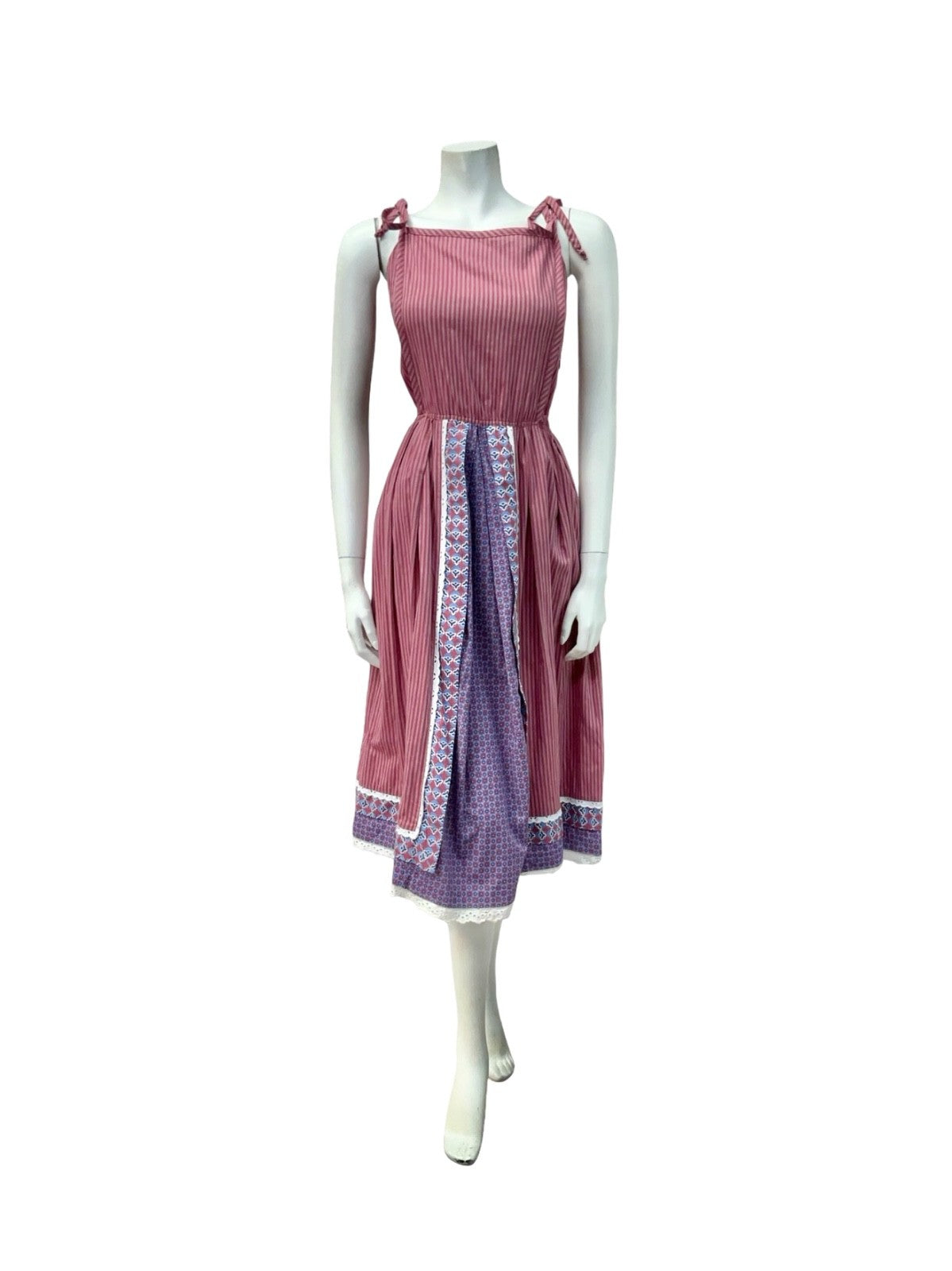 VTG 70S PLUM PURPLE BLUE STRIPED COTTON COTTAGE EDWARDIAN FLORAL SUN DRESS 12