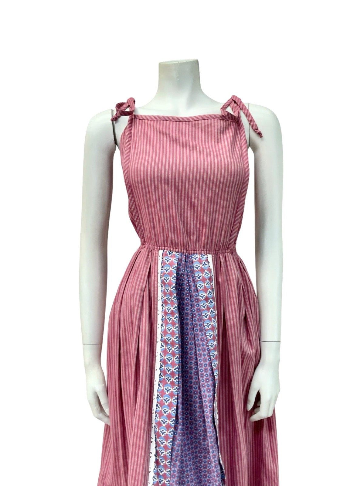 VTG 70S PLUM PURPLE BLUE STRIPED COTTON COTTAGE EDWARDIAN FLORAL SUN DRESS 12