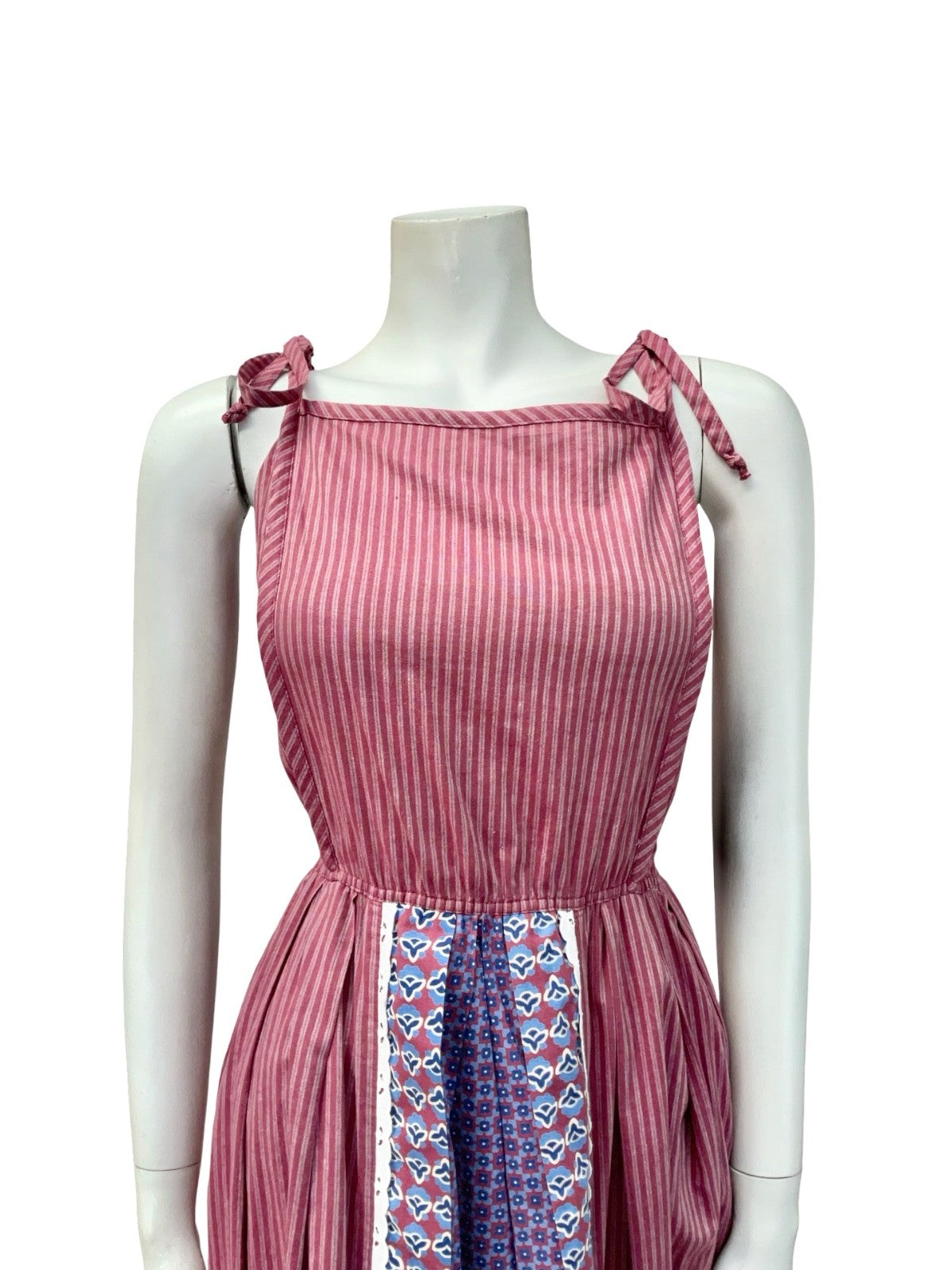 VTG 70S PLUM PURPLE BLUE STRIPED COTTON COTTAGE EDWARDIAN FLORAL SUN DRESS 12