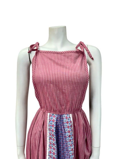 VTG 70S PLUM PURPLE BLUE STRIPED COTTON COTTAGE EDWARDIAN FLORAL SUN DRESS 12