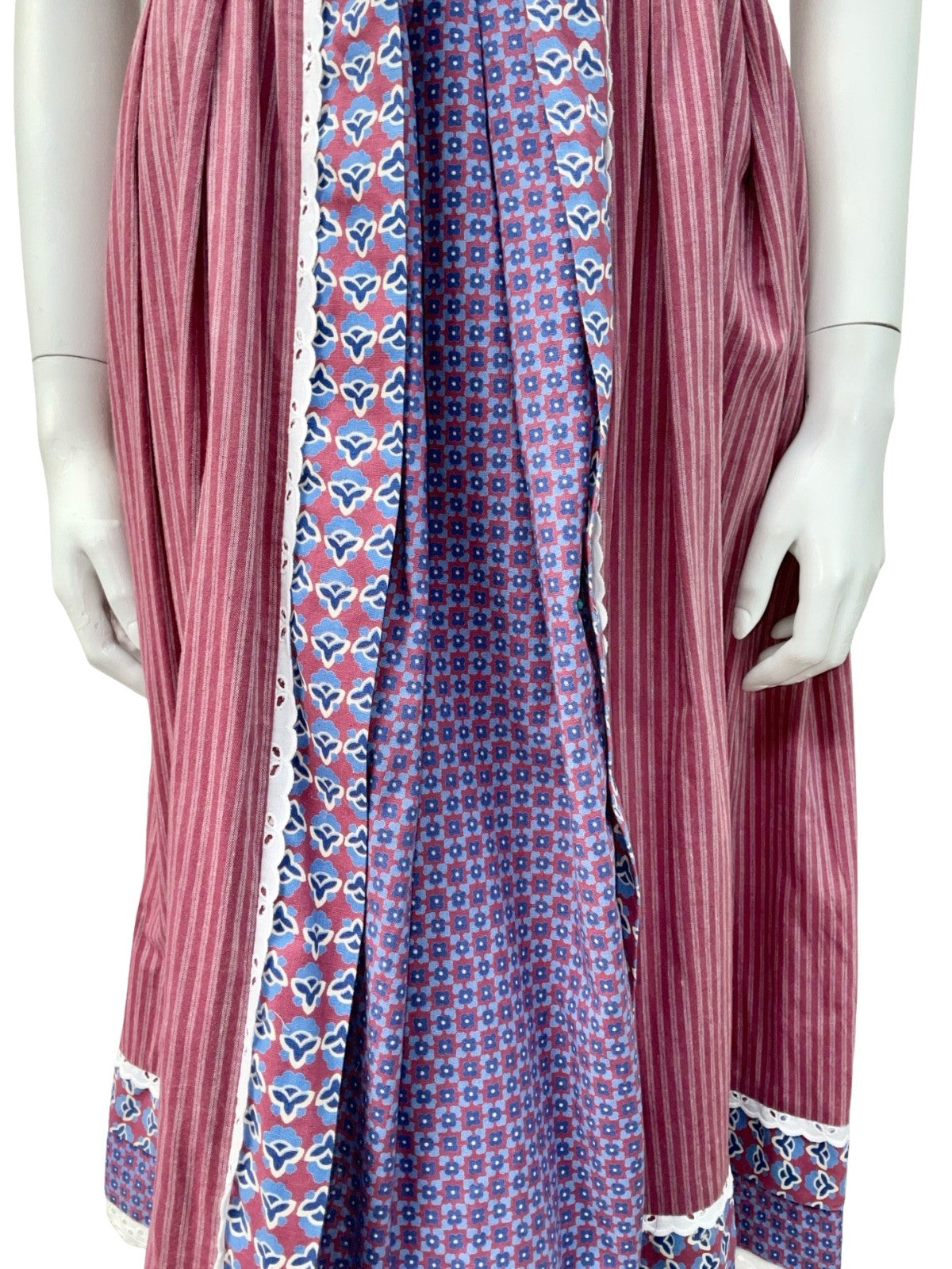 VTG 70S PLUM PURPLE BLUE STRIPED COTTON COTTAGE EDWARDIAN FLORAL SUN DRESS 12