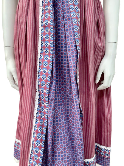 VTG 70S PLUM PURPLE BLUE STRIPED COTTON COTTAGE EDWARDIAN FLORAL SUN DRESS 12