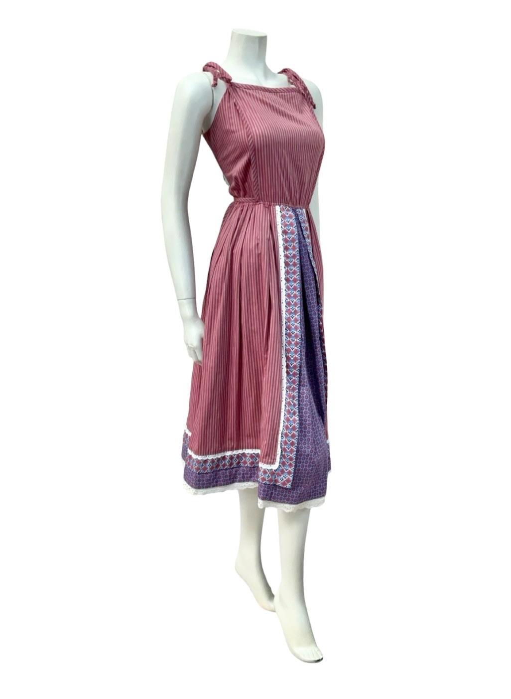 VTG 70S PLUM PURPLE BLUE STRIPED COTTON COTTAGE EDWARDIAN FLORAL SUN DRESS 12