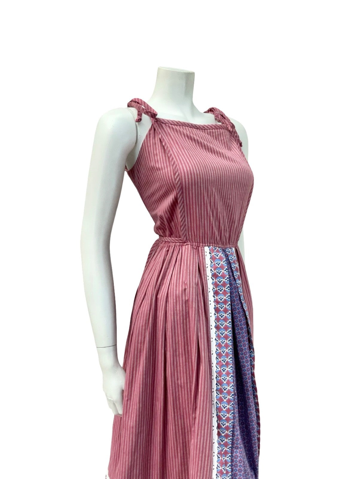 VTG 70S PLUM PURPLE BLUE STRIPED COTTON COTTAGE EDWARDIAN FLORAL SUN DRESS 12